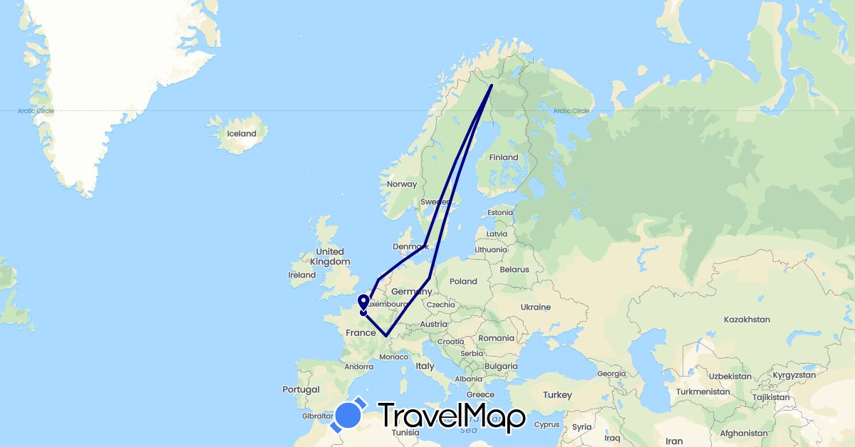 TravelMap itinerary: driving in Switzerland, Germany, Denmark, Finland, France, Netherlands (Europe)